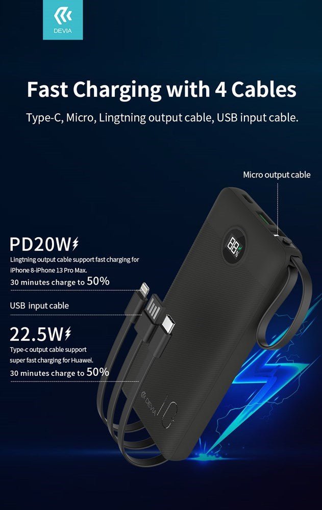 Devia - 10,000mAh 22.5W PD Powerbank & USB, Lightning, MicroUSB & Type C Cable - White - Tech Access Unclassified