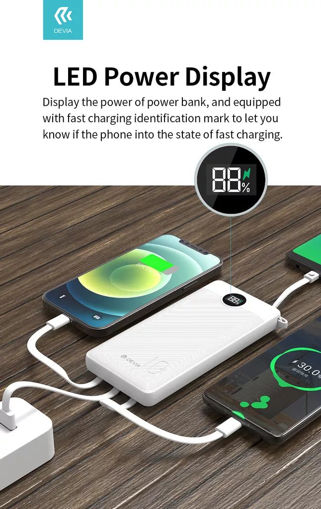 Devia - 10,000mAh 22.5W PD Powerbank & USB, Lightning, MicroUSB & Type C Cable - White - Tech Access Unclassified