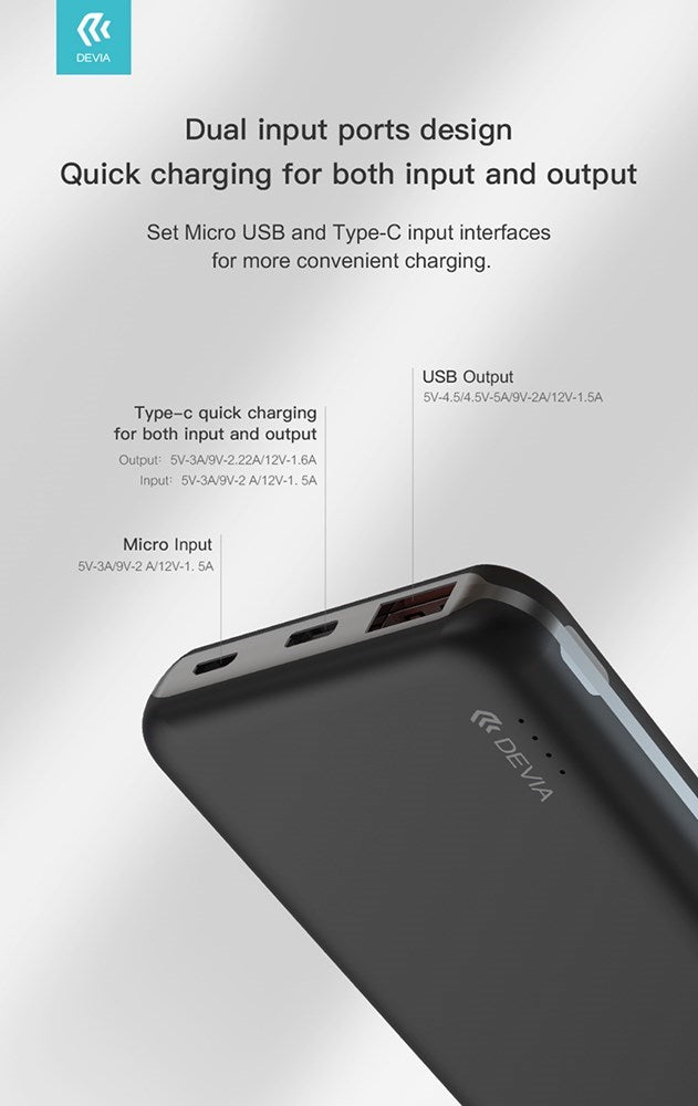 Devia - 10,000mAh 22.5W PD & QC3.0 LED Indicator Powerbank - Black - Tech Access Unclassified