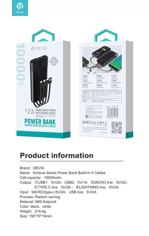 Devia - 10,000mAh Powerbank & USB, Lightning, MicroUSB & Type C Cable - Black - Tech Access Unclassified