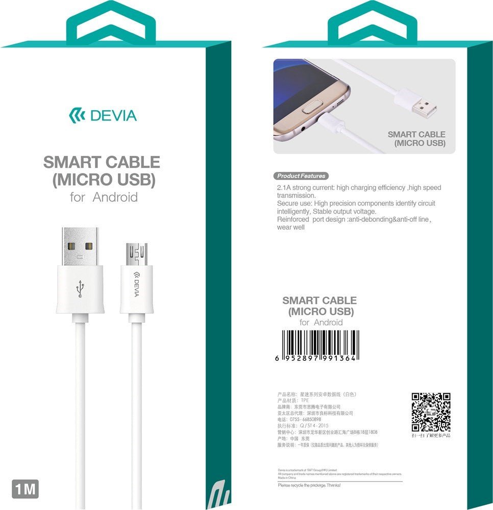 Devia - 1m (2.1A) USB to MicroUSB Cable - White - Tech Access Unclassified