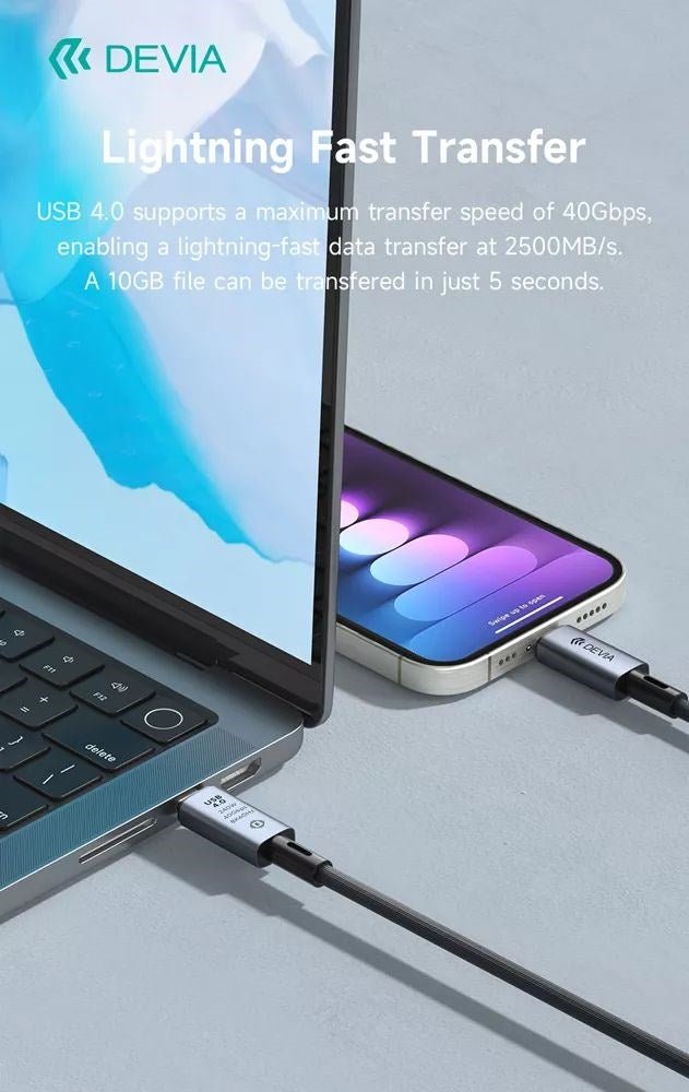 Devia - 1m (240W, 40GB/s & 8K 60hz) Power Delivery - USB - C to USB - C Aluminium Alloy Cable - Black - Tech Access Unclassified