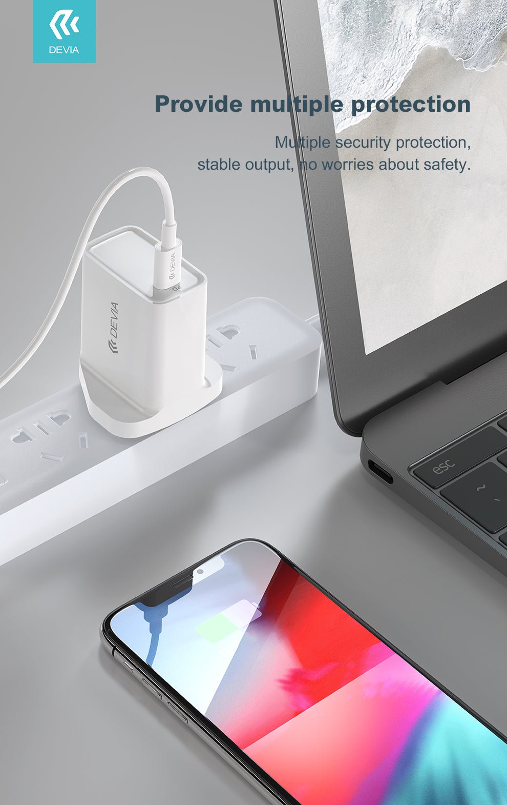 Devia - 20W Type C Power Delivery 3 - Pin UK Charging Plug & 1m PD Type C to Lightning Cable - White - Tech Access Unclassified