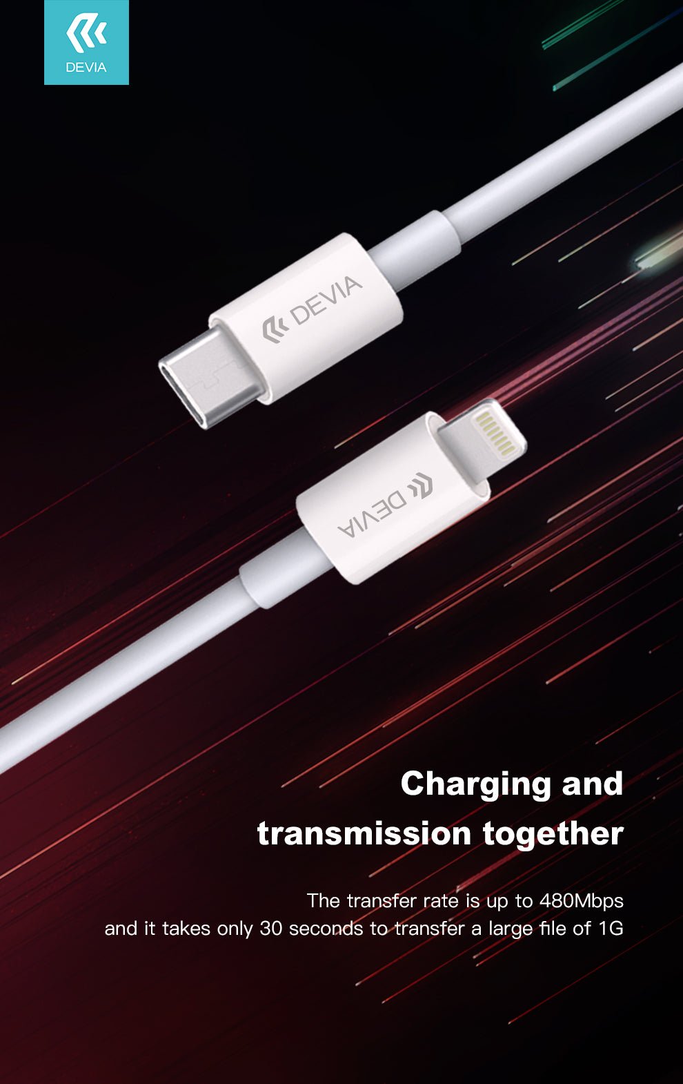 Devia - 20W Type C Power Delivery 3 - Pin UK Charging Plug & 1m PD Type C to Lightning Cable - White - Tech Access Unclassified