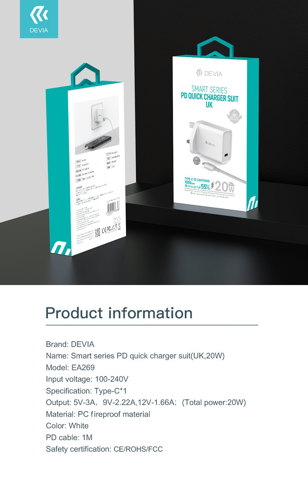 Devia - 20W Type C Power Delivery 3 - Pin UK Charging Plug & 1m PD Type C to Lightning Cable - White - Tech Access Unclassified