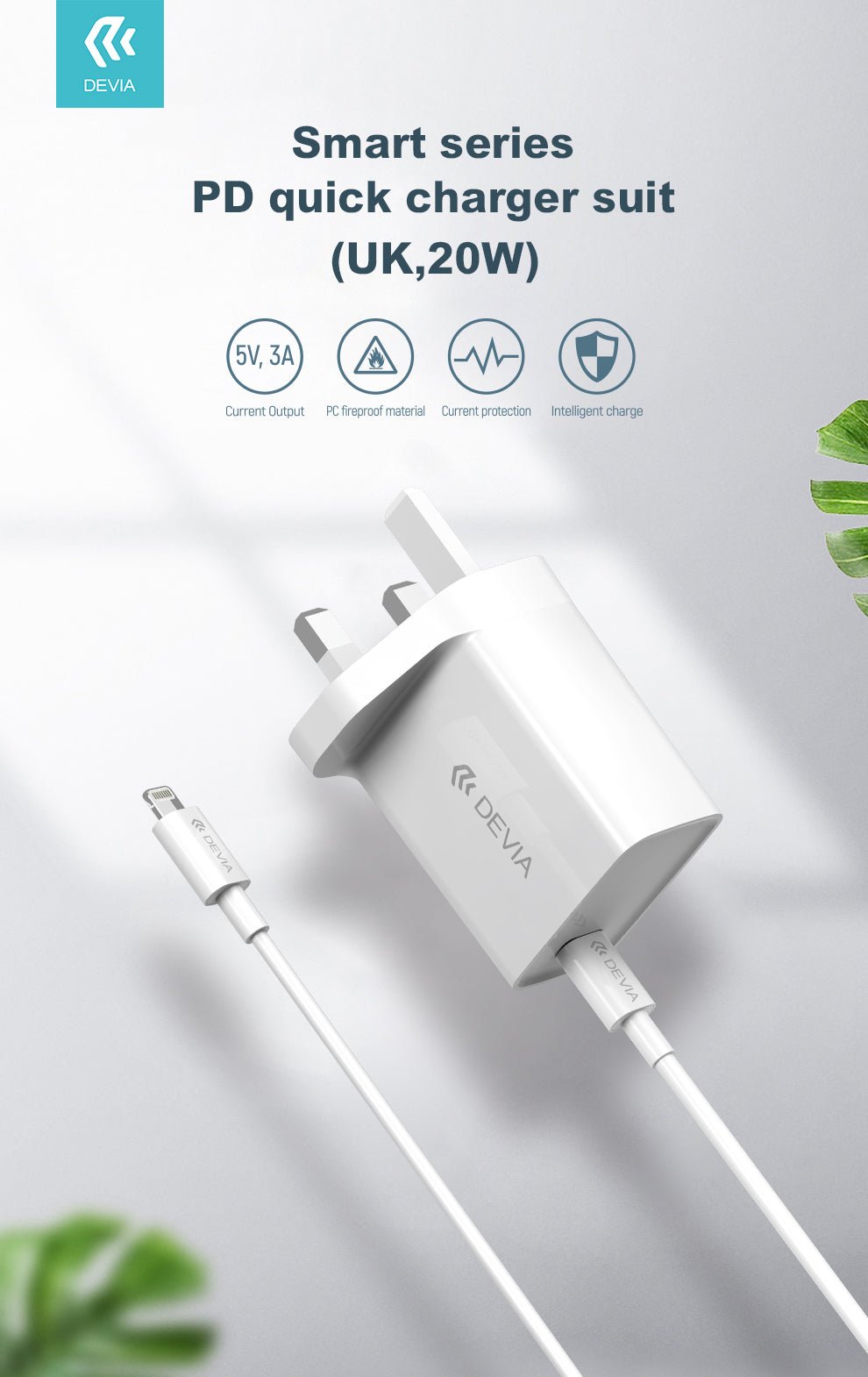 Devia - 20W Type C Power Delivery 3 - Pin UK Charging Plug & 1m PD Type C to Lightning Cable - White - Tech Access Unclassified