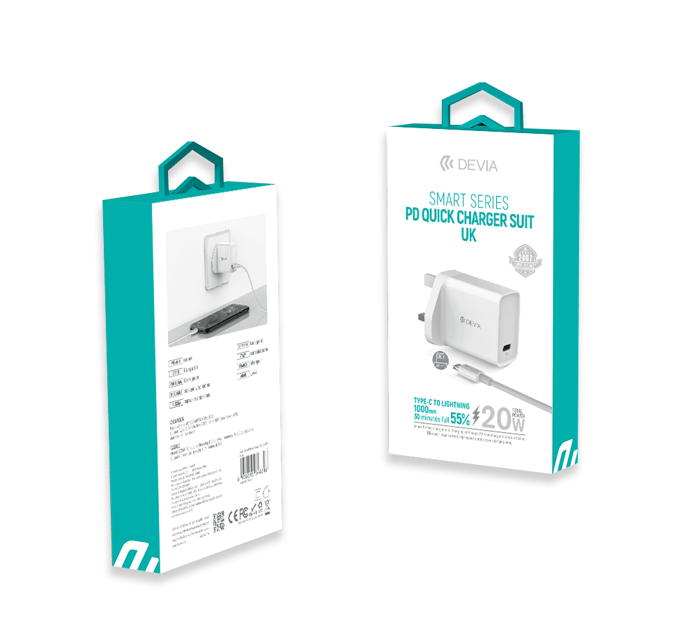 Devia - 20W Type C Power Delivery 3 - Pin UK Charging Plug & 1m PD Type C to Lightning Cable - White - Tech Access Unclassified