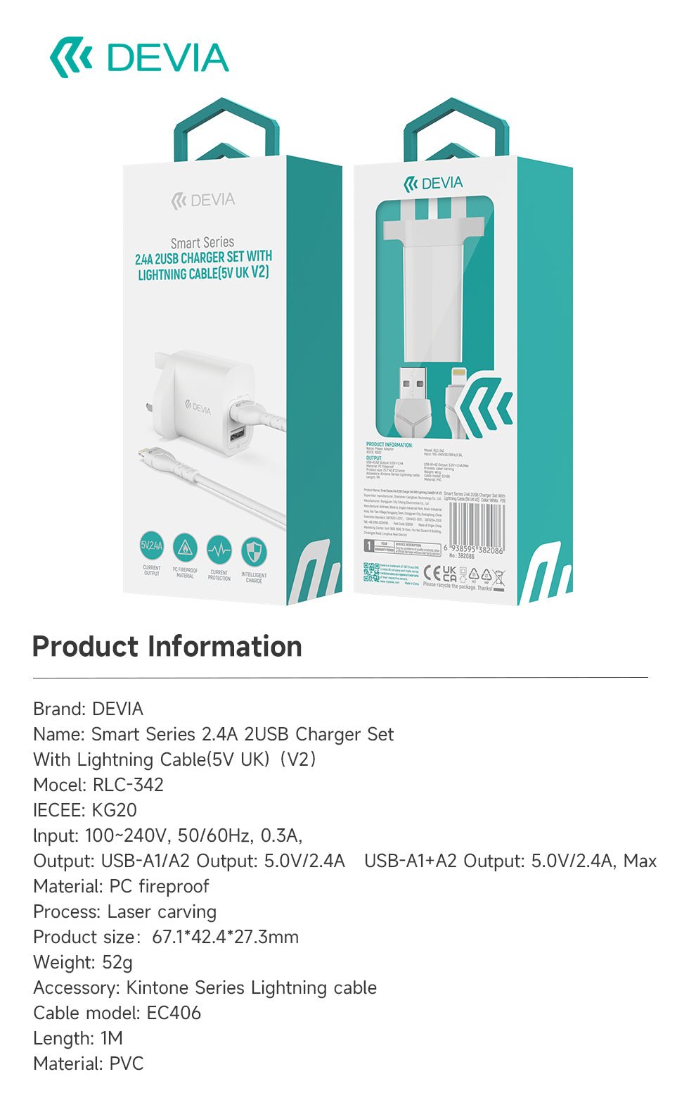 Devia - 2.4A Dual USB Plug & 1m Non - MFI Lightning Cable - White - Tech Access Unclassified