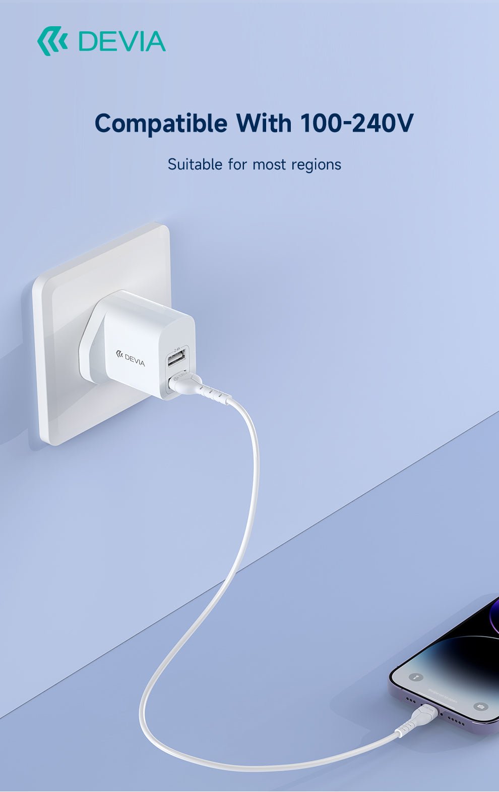Devia - 2.4A Dual USB Plug & 1m Non - MFI Lightning Cable - White - Tech Access Unclassified