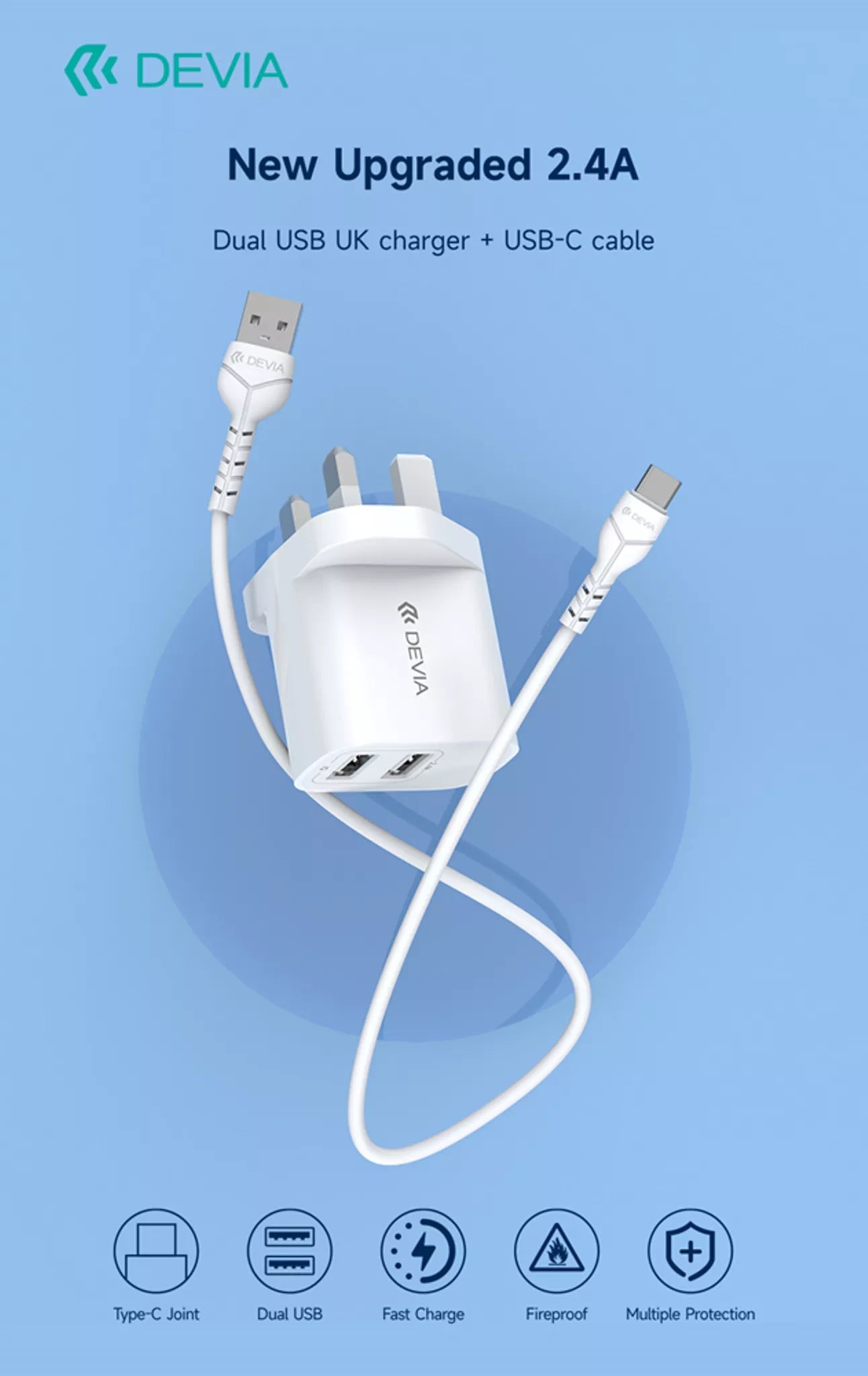 Devia - 2.4A Dual USB Plug & 1m Type C Cable - White - Tech Access Unclassified