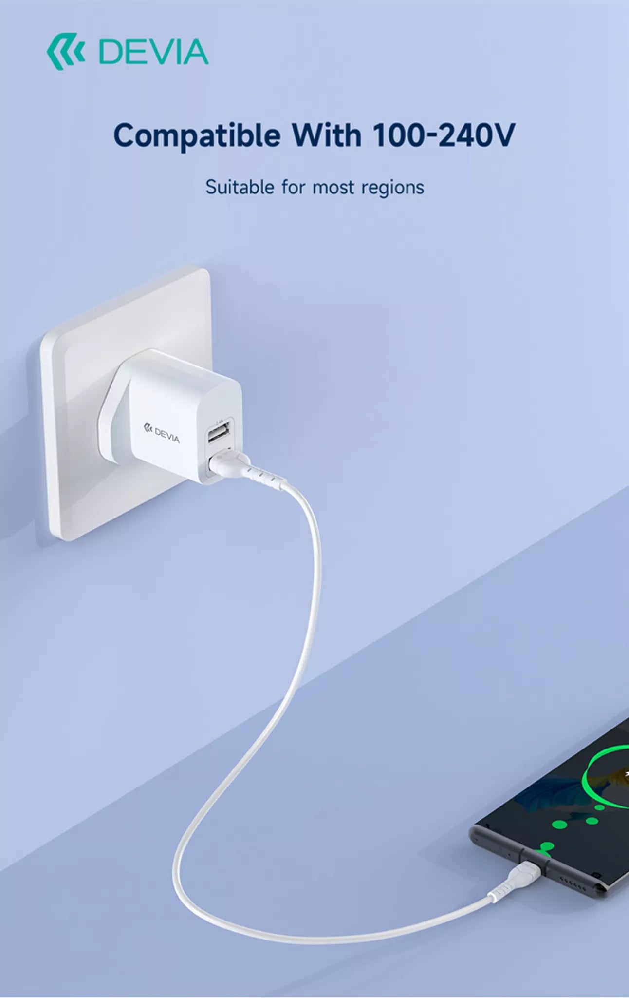 Devia - 2.4A Dual USB Plug & 1m Type C Cable - White - Tech Access Unclassified