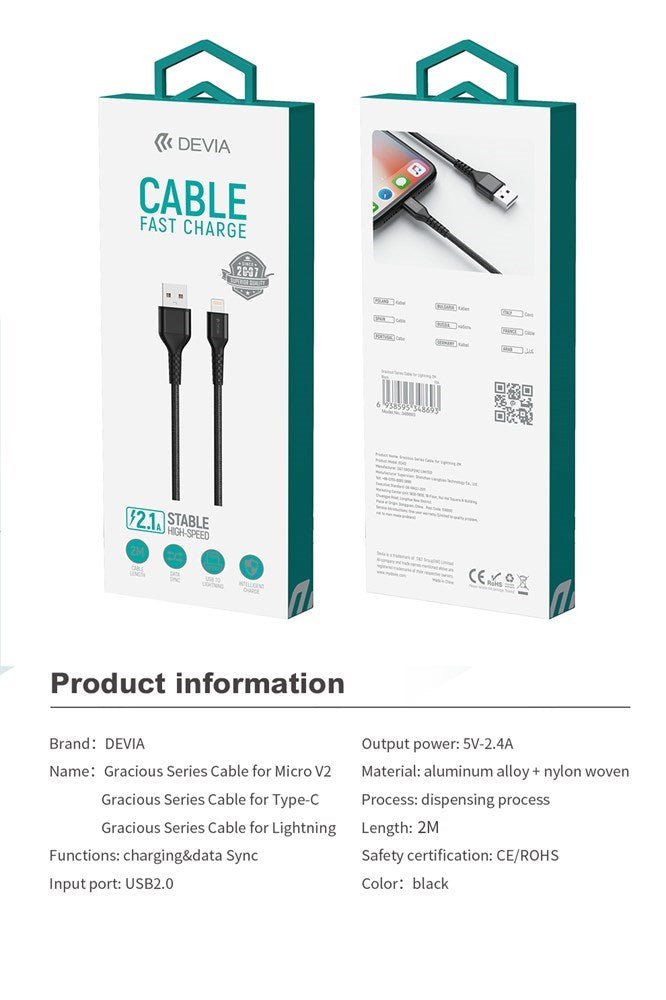 Devia - 2m (2.1A) Mesh Armour USB to Non - MFi Lightning Cable - Black - Tech Access Unclassified
