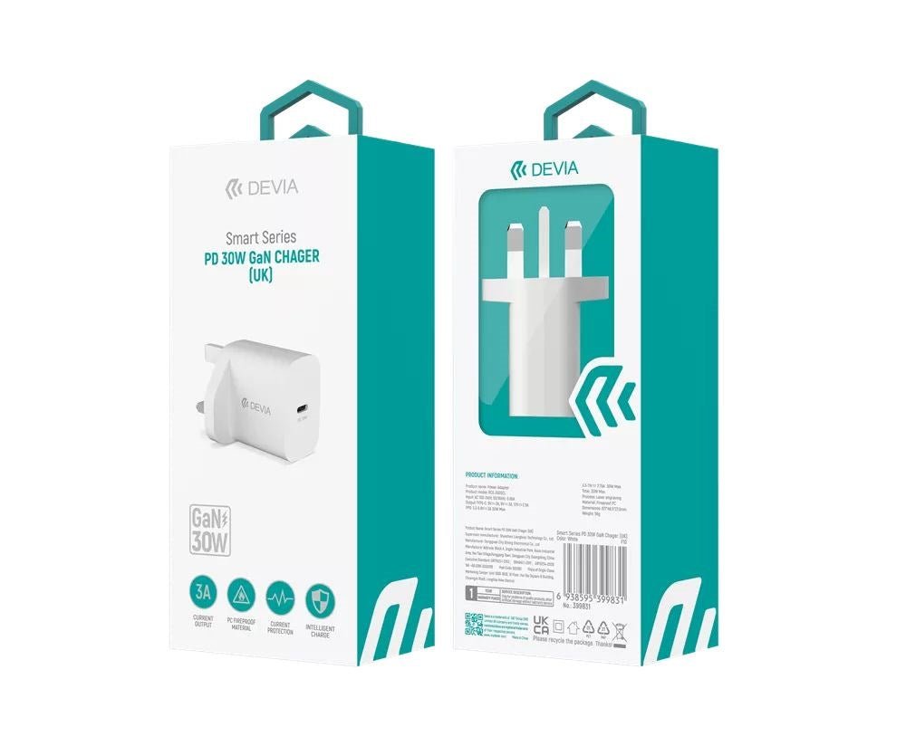 Devia - 30W GaN USB - C Power Delivery 3 - Pin UK Charging Plug - White - Tech Access Unclassified