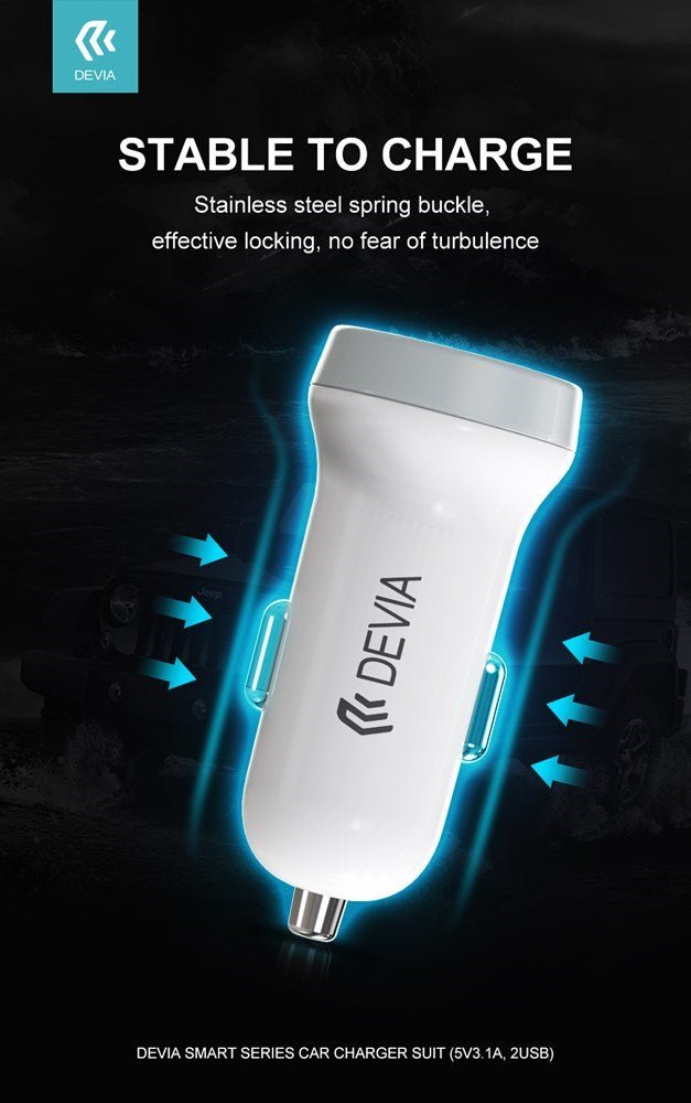 Devia - 3.1A Dual USB Port Car Adapter & 1m Non - MFI Lightning Cable - White - Tech Access Unclassified