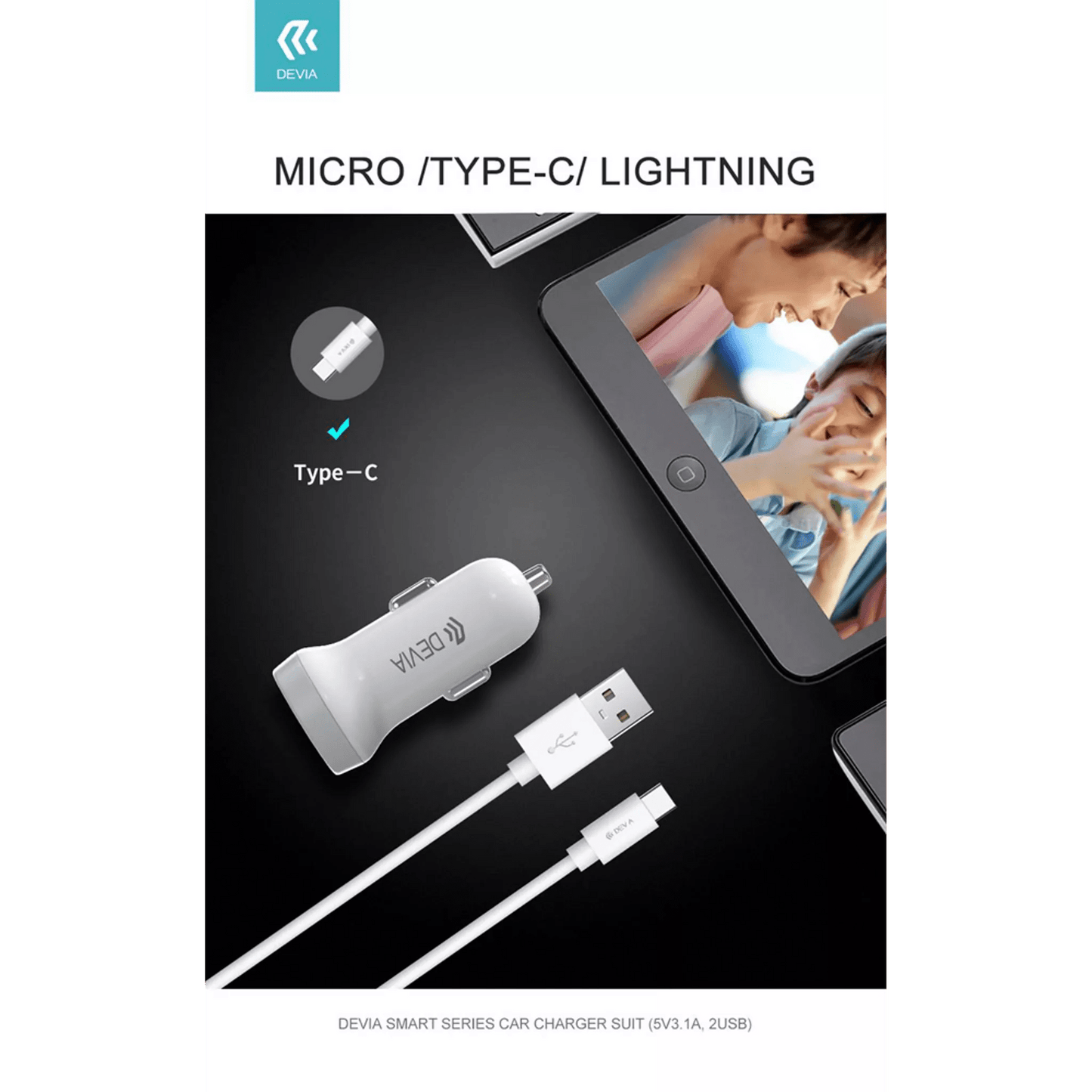 Devia - 3.1A Dual USB Port Car Adapter & 1m Type C Cable - White - Tech Access Unclassified
