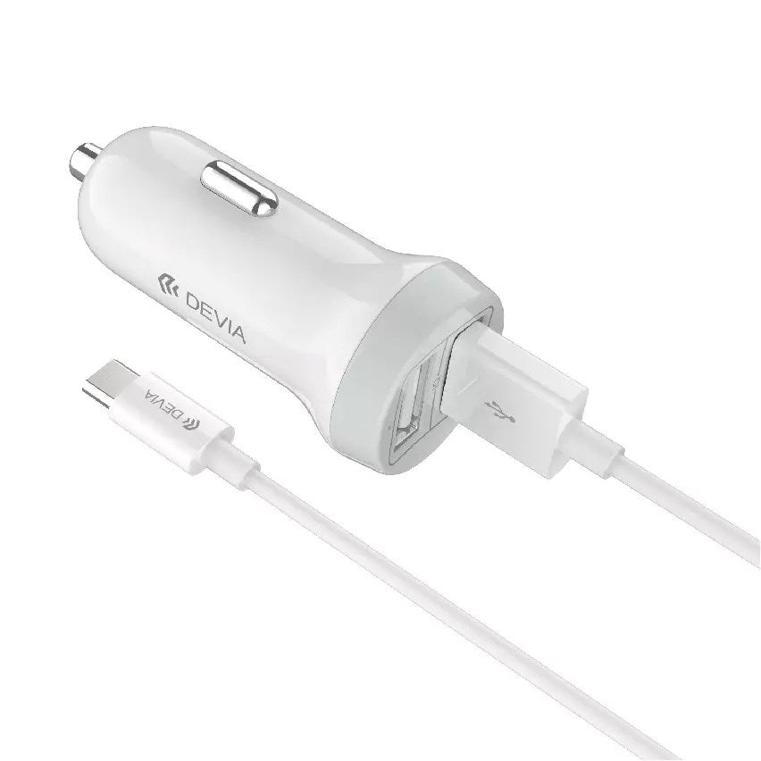 Devia - 3.1A Dual USB Port Car Adapter & 1m Type C Cable - White - Tech Access Unclassified