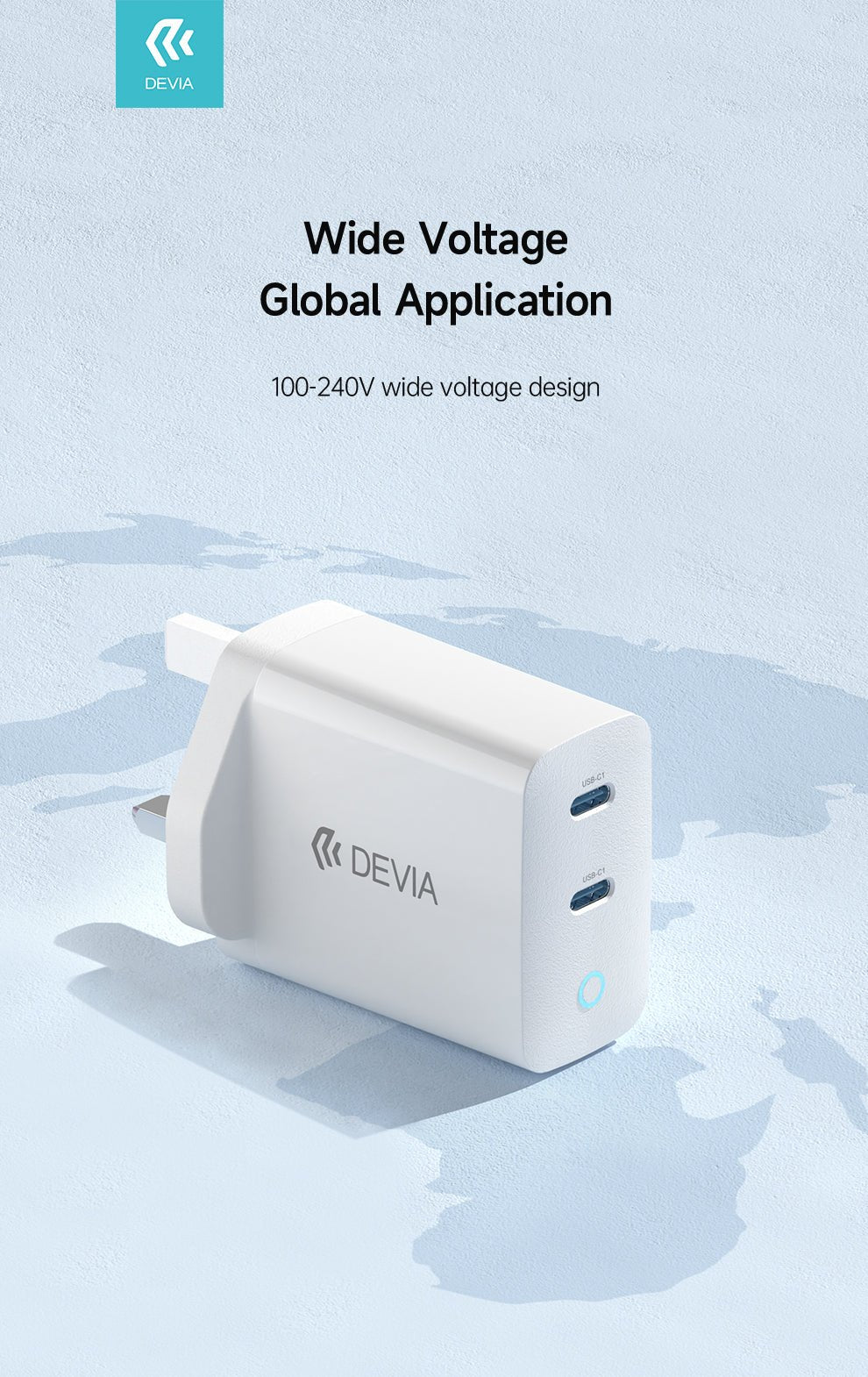 Devia - 45W GaN Dual Type C 3 - Pin UK Charging Plug & 1.5m Type C to Type C Cable - White - Tech Access Unclassified