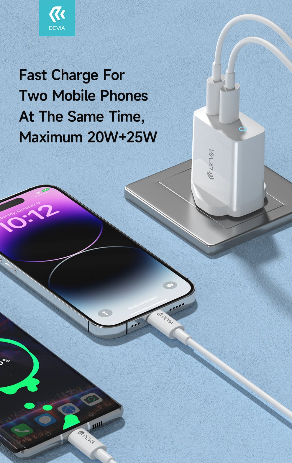 Devia - 45W GaN Dual Type C 3 - Pin UK Charging Plug & 1.5m Type C to Type C Cable - White - Tech Access Unclassified
