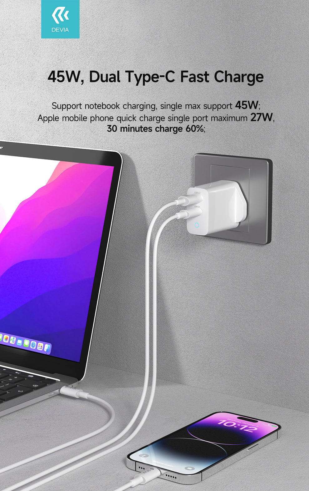 Devia - 45W GaN Dual Type C 3 - Pin UK Charging Plug & 1.5m Type C to Type C Cable - White - Tech Access Unclassified