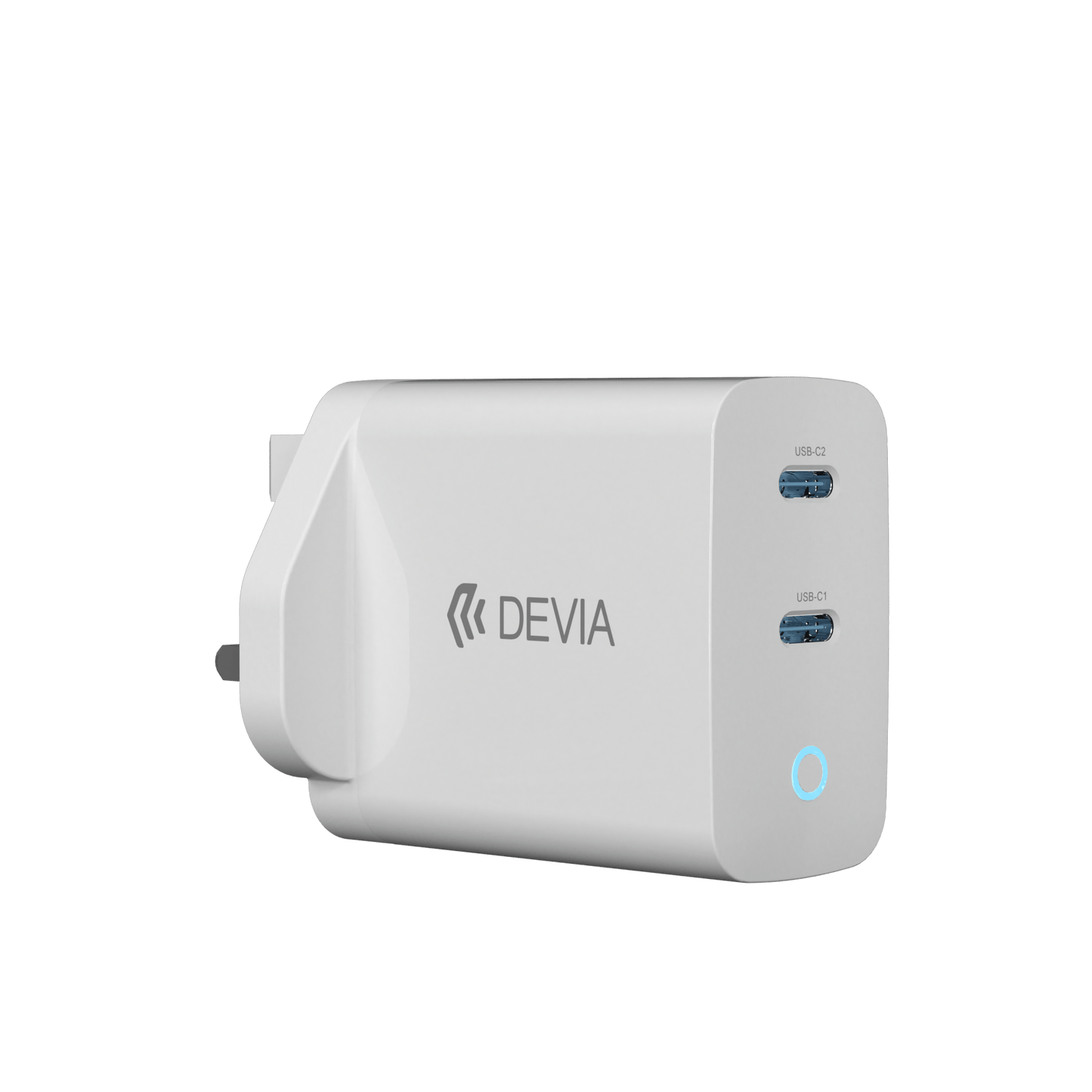 Devia - 45W GaN Dual Type C 3 - Pin UK Charging Plug & 1.5m Type C to Type C Cable - White - Tech Access Unclassified