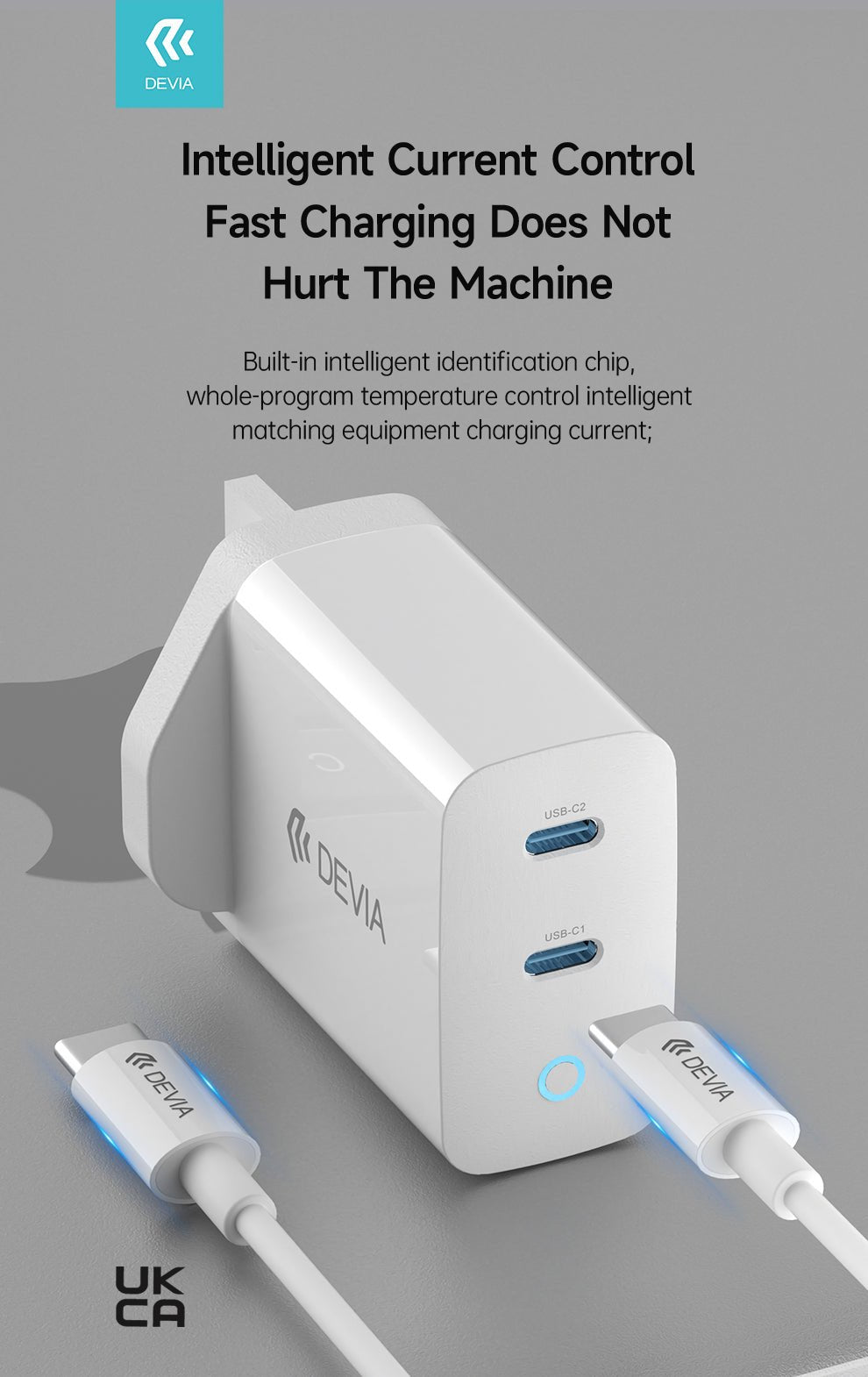 Devia - 45W GaN Dual Type C 3 - Pin UK Charging Plug & 1.5m Type C to Type C Cable - White - Tech Access Unclassified