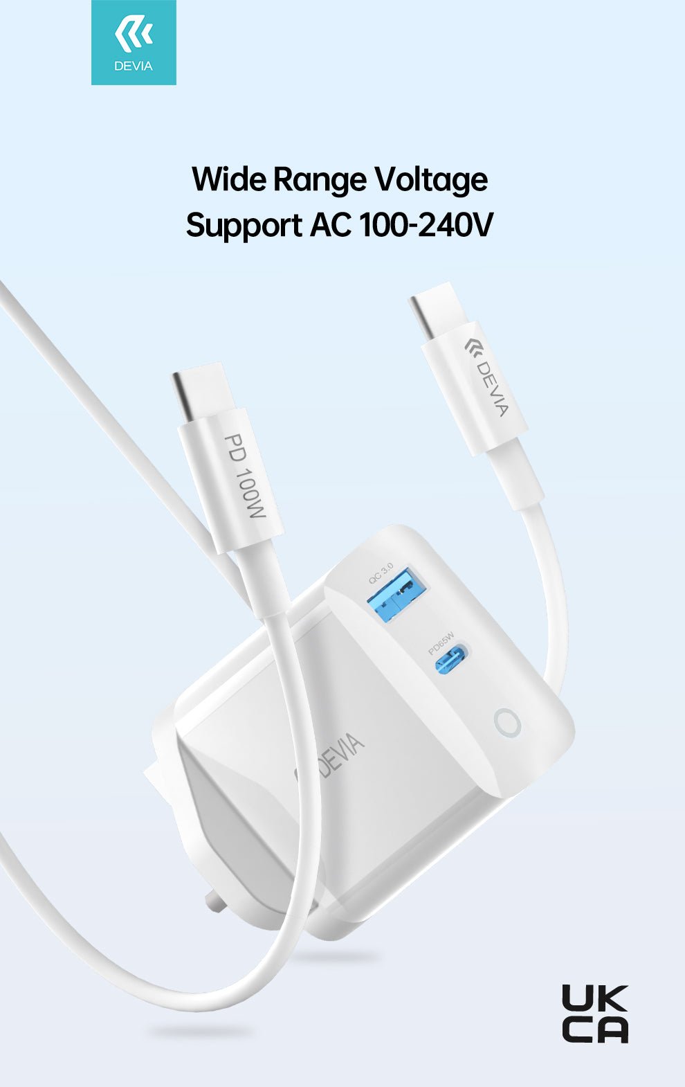 Devia - 65W GaN Type C PD & QC4.0 3 - Pin UK Mini Charging Plug & 1.5m 100W Type C to Type C Cable - White - Tech Access Unclassified