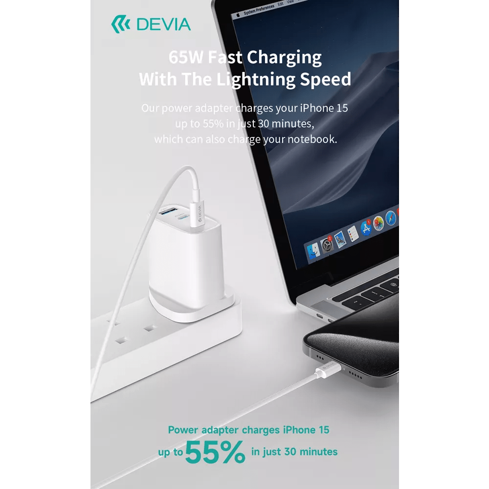 Devia - 65W GaN Type C PD & QC4.0 3 - Pin UK Mini Charging Plug - White - Tech Access Unclassified