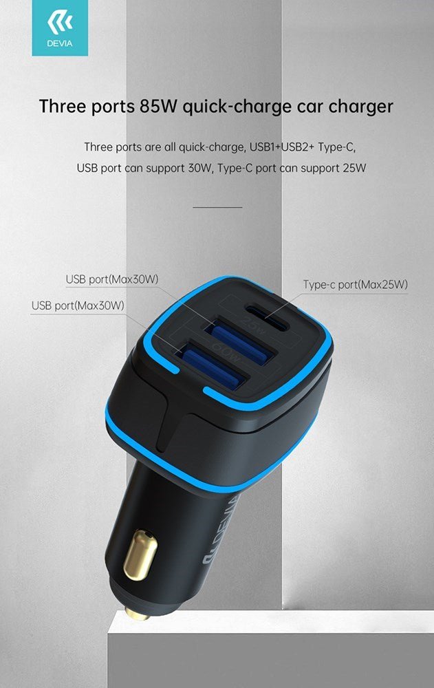 Devia - 85W Power Delivery USB - C & Dual USB Port Car Adapter - Black - Tech Access Unclassified