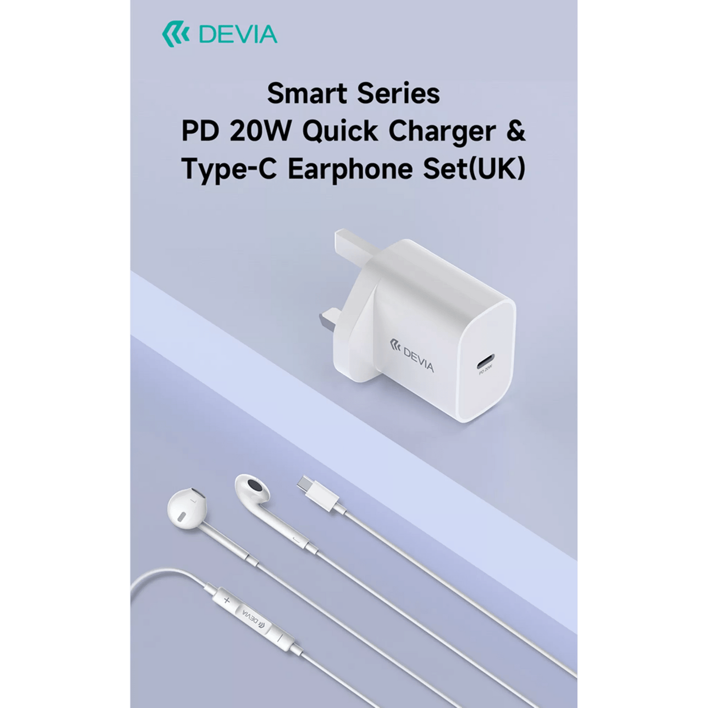 Devia - Bundle Pack - 20W USB - C 3 - Pin UK Plug & USB - C Earphones - White - Tech Access Unclassified