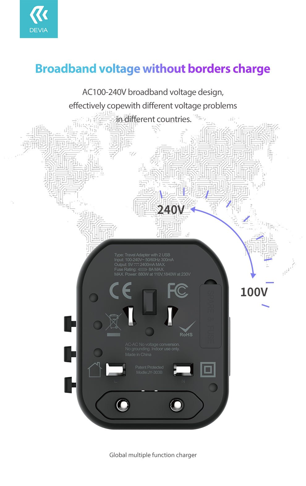 Devia - Global Multiple Function Travel Adapter - Black - Tech Access Unclassified