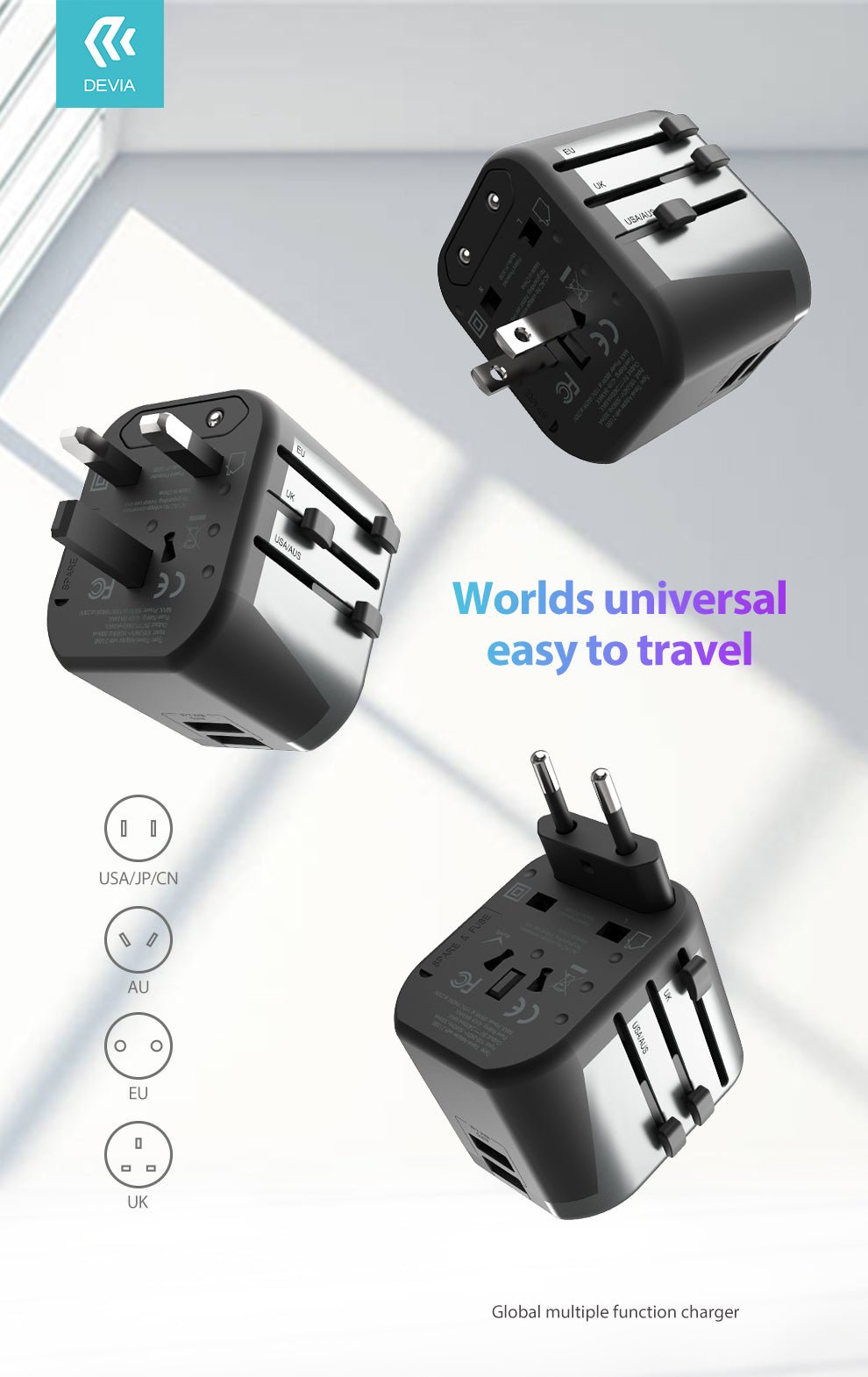 Devia - Global Multiple Function Travel Adapter - Black - Tech Access Unclassified