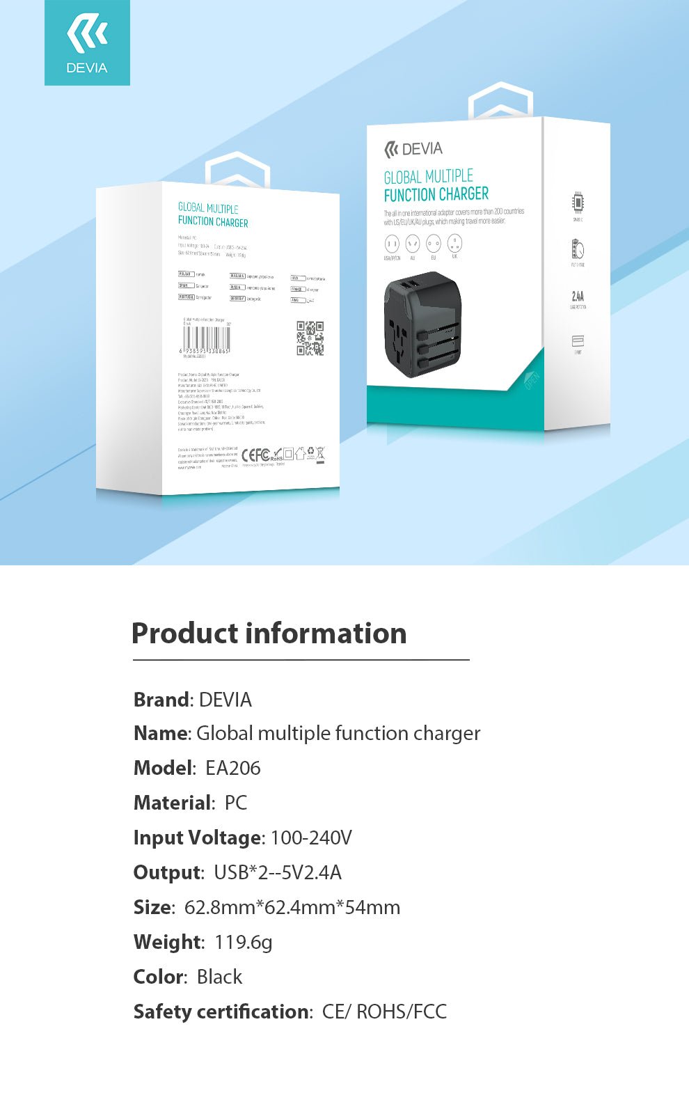 Devia - Global Multiple Function Travel Adapter - Black - Tech Access Unclassified
