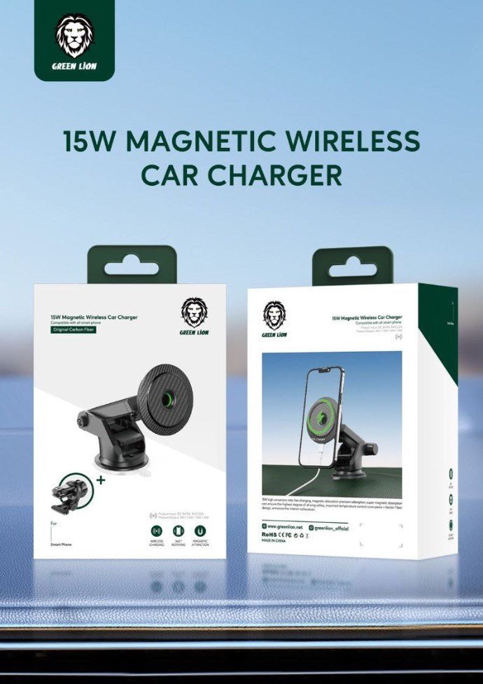 Green Lion Carbon Fiber Magnetic Wireless Car Charger 15W - Black - Tech Access Unclassified