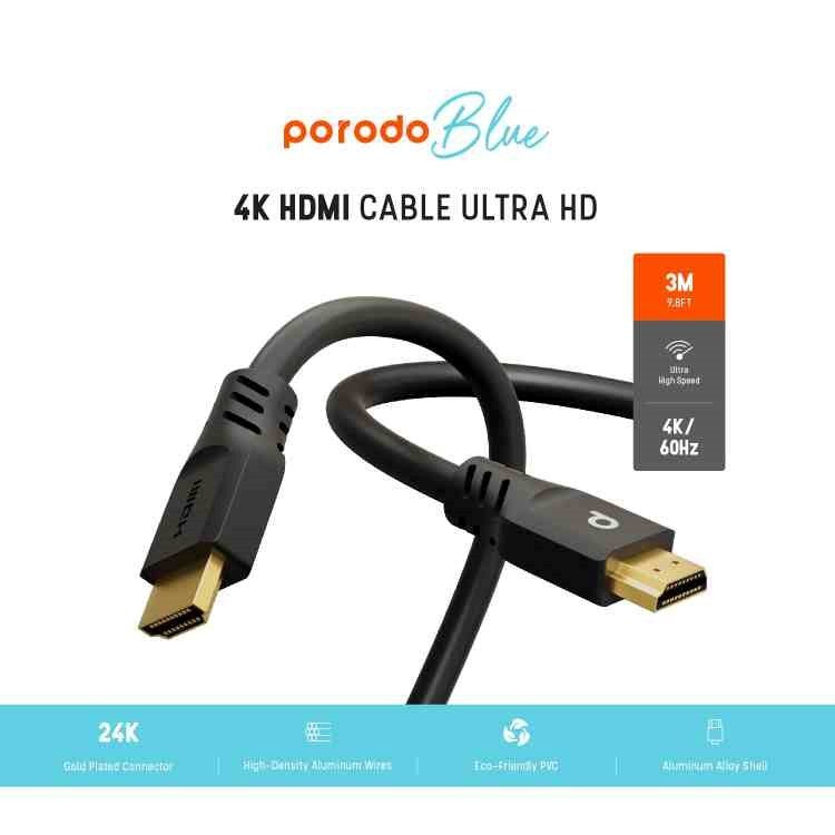 Porodo Blue 4K HDMI Ultra HD Cable 60Hz 3m / 9.8ft - Black - Tech Access Unclassified