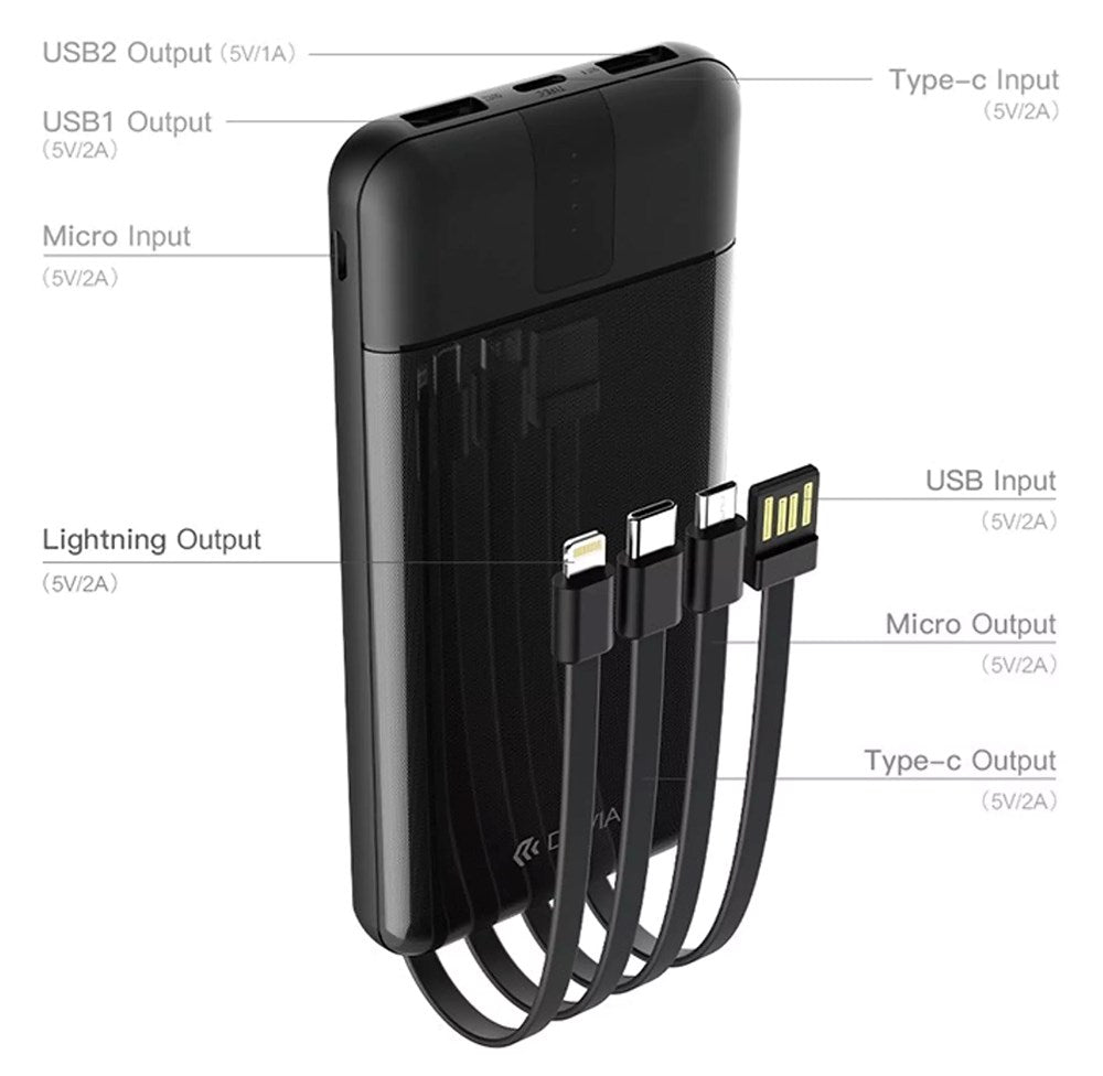 Devia - 10,000mAh Powerbank & USB, Lightning, MicroUSB & Type C Cable - Black - Tech Access Unclassified