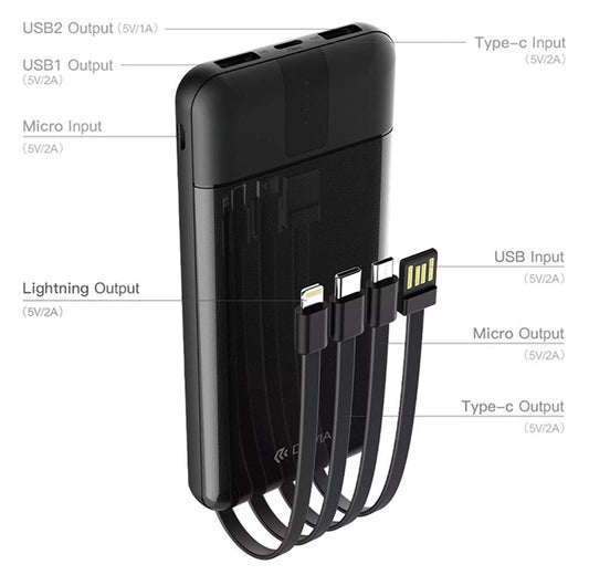 Devia - 10,000mAh Powerbank & USB, Lightning, MicroUSB & Type C Cable - Black - Tech Access Unclassified
