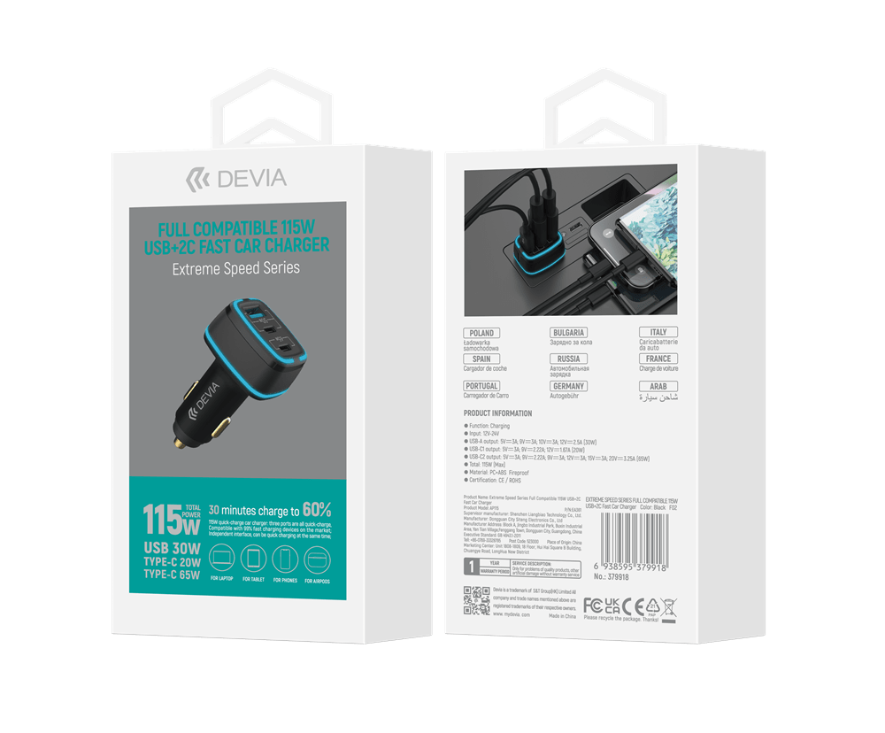 Devia - 115W (65w, 50w) Power Delivery Dual USB - C USB Port Car Adapter - Black - Tech Access Unclassified