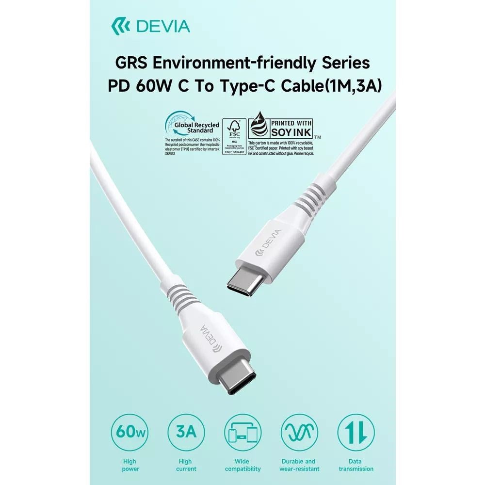 Devia - 1.2m GRS Biodegradable (60W) Power Delivery - USB - C to USB - C Cable - White - Tech Access Unclassified