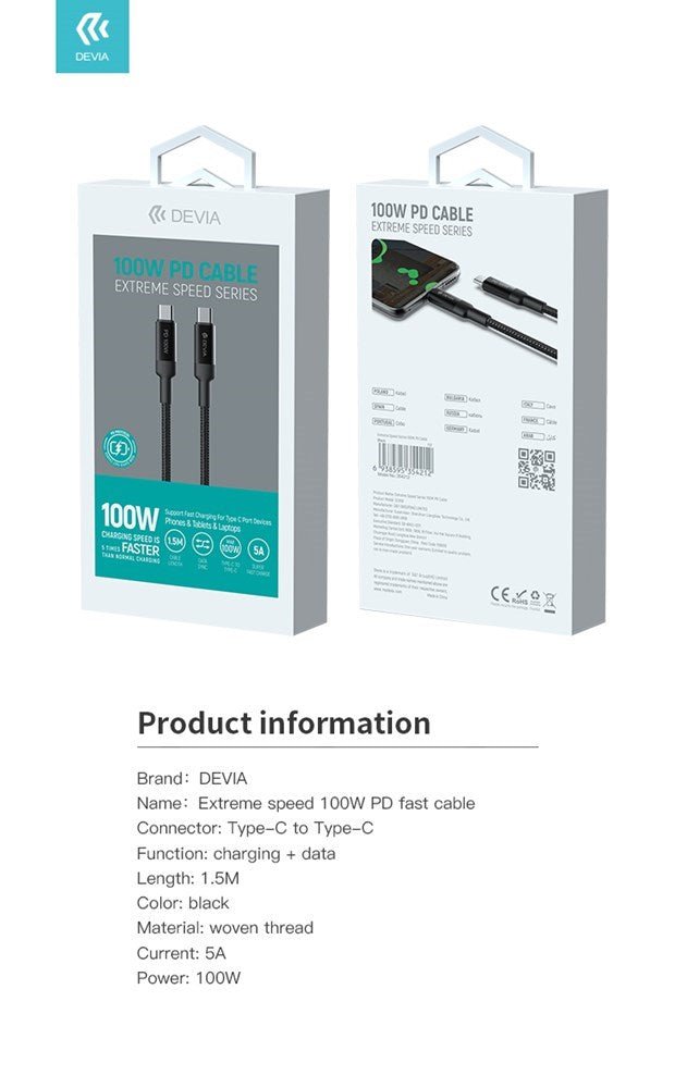 Devia - 1.5m (100W) Mesh Armour Power Delivery - Type C to Type C Cable - Black - Tech Access Unclassified