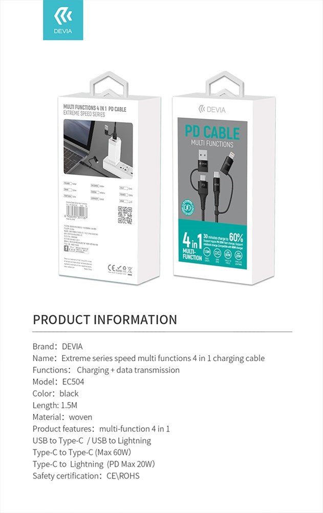 Devia - 1.5m (60W) PD Mesh Armour USB & Type C to Lightning & Type C Cable - Black - Tech Access Unclassified