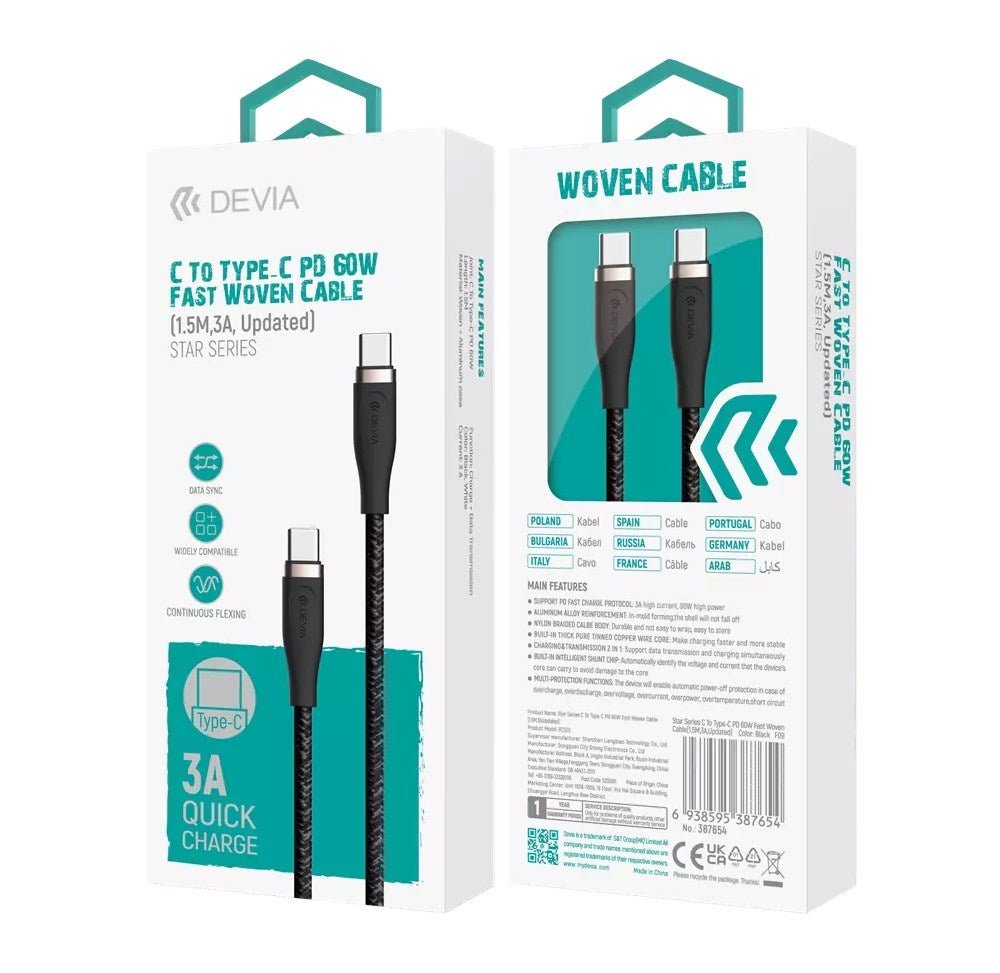 Devia - 1.5m (60W) Power Delivery Woven Gold Plated Type C to Type C Cable - Black - Tech Access Unclassified