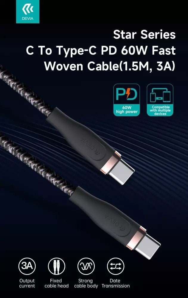 Devia - 1.5m (60W) Power Delivery Woven Gold Plated Type C to Type C Cable - White - Tech Access Unclassified