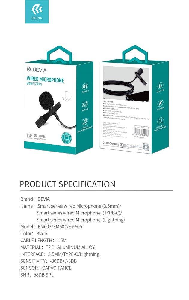 Devia - 1.5m Wired Microphone & Collar Clip for 3.5mm Devices - Black - Tech Access Unclassified