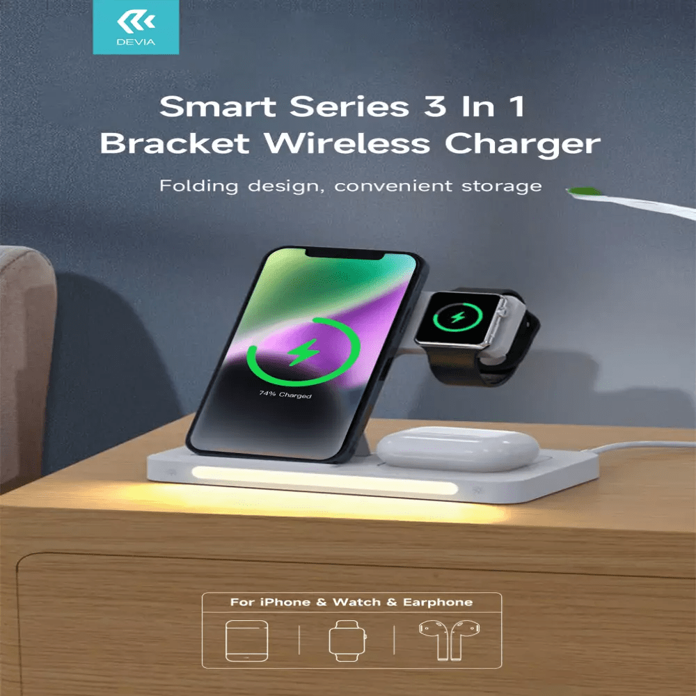 Devia - 15W Foldable Travel Triple Wireless Magnetic Charging Pad for Apple iPhone, Airpods & Watch & Night Lamp - White - Tech Access Unclassified