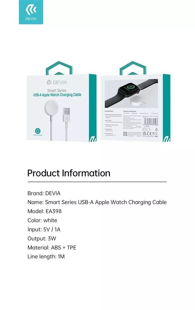 Devia - 1m (2.1A) USB to Magnetic Cable for Apple Watch - White - Tech Access Unclassified