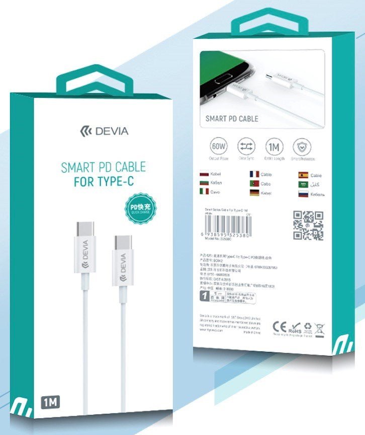 Devia - 1m (60W) Power Delivery - Type C to Type C Cable - White - Tech Access Unclassified