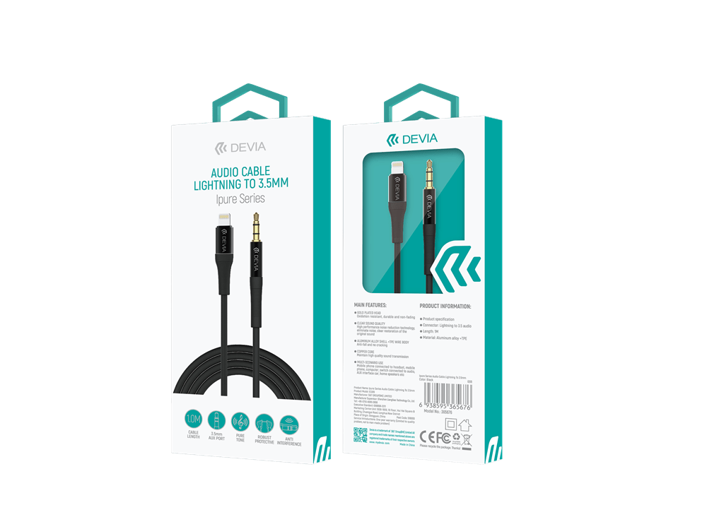 Devia - 1m Non - MFI Lightning to 3.5mm Mesh Armour Auxiliary Cable - Black - Tech Access Unclassified