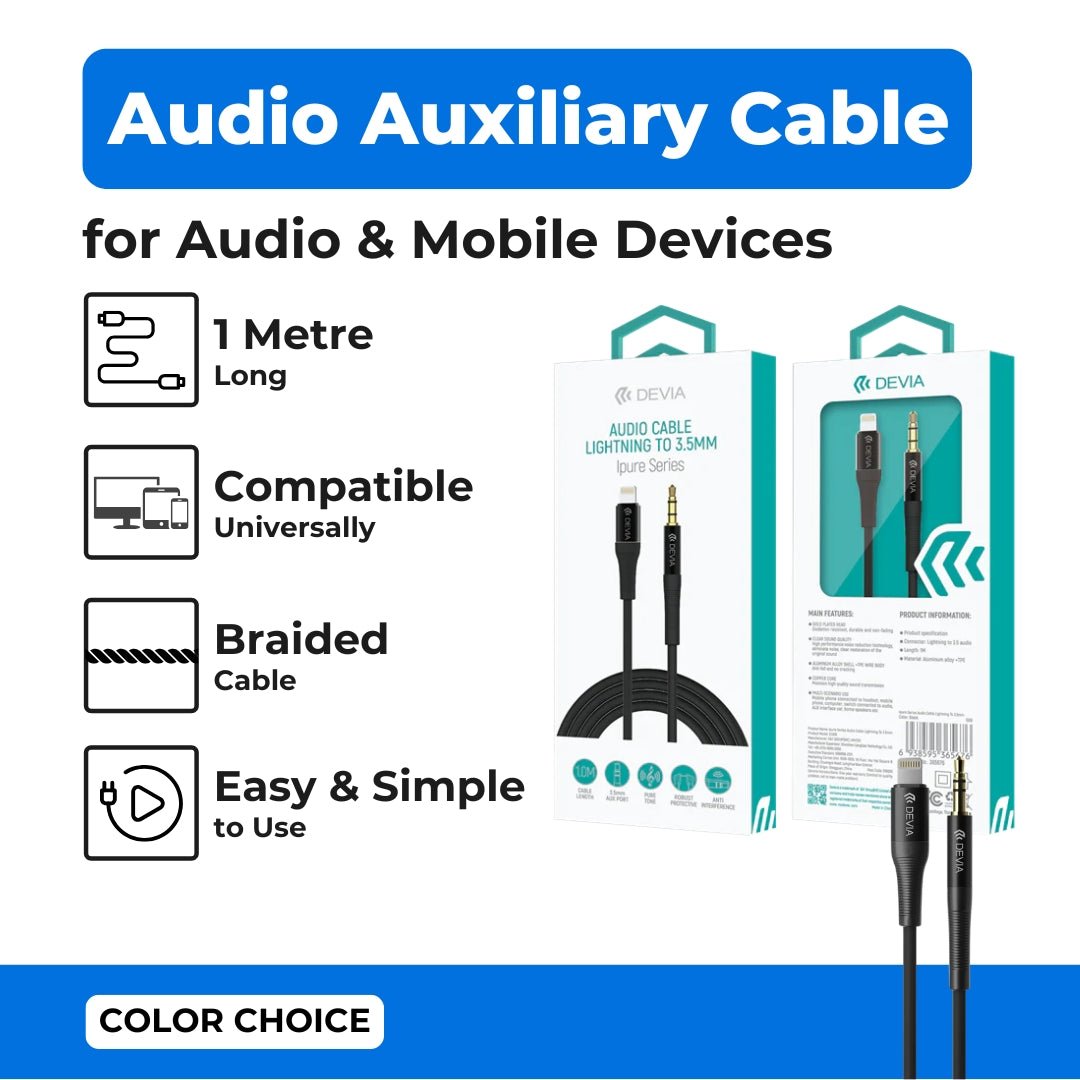 Devia - 1m Non - MFI Lightning to 3.5mm Mesh Armour Auxiliary Cable - Black - Tech Access Unclassified