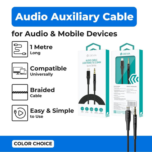 Devia - 1m Non - MFI Lightning to 3.5mm Mesh Armour Auxiliary Cable - Black - Tech Access Unclassified