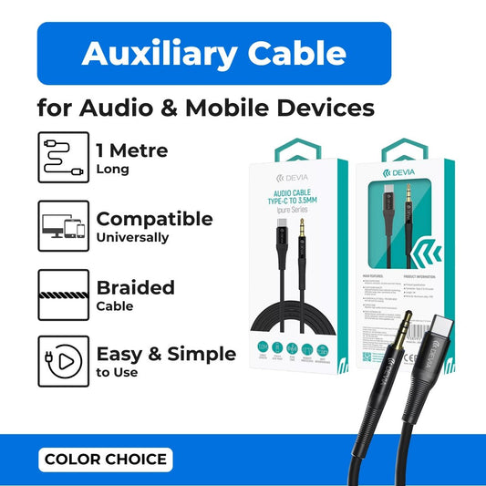 Devia - 1m Type C to 3.5mm Mesh Armour Auxiliary Cable - Black - Tech Access Unclassified